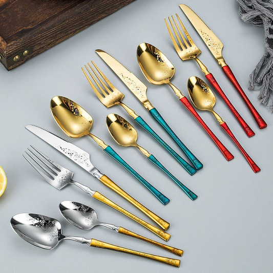 Luxuriöses 304 Edelstahl-Besteckset – Gold-Hochglanzoptik mit farbigen Griffen