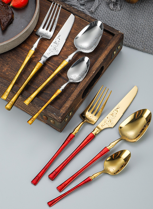Luxuriöses 304 Edelstahl-Besteckset – Gold-Hochglanzoptik mit farbigen Griffen